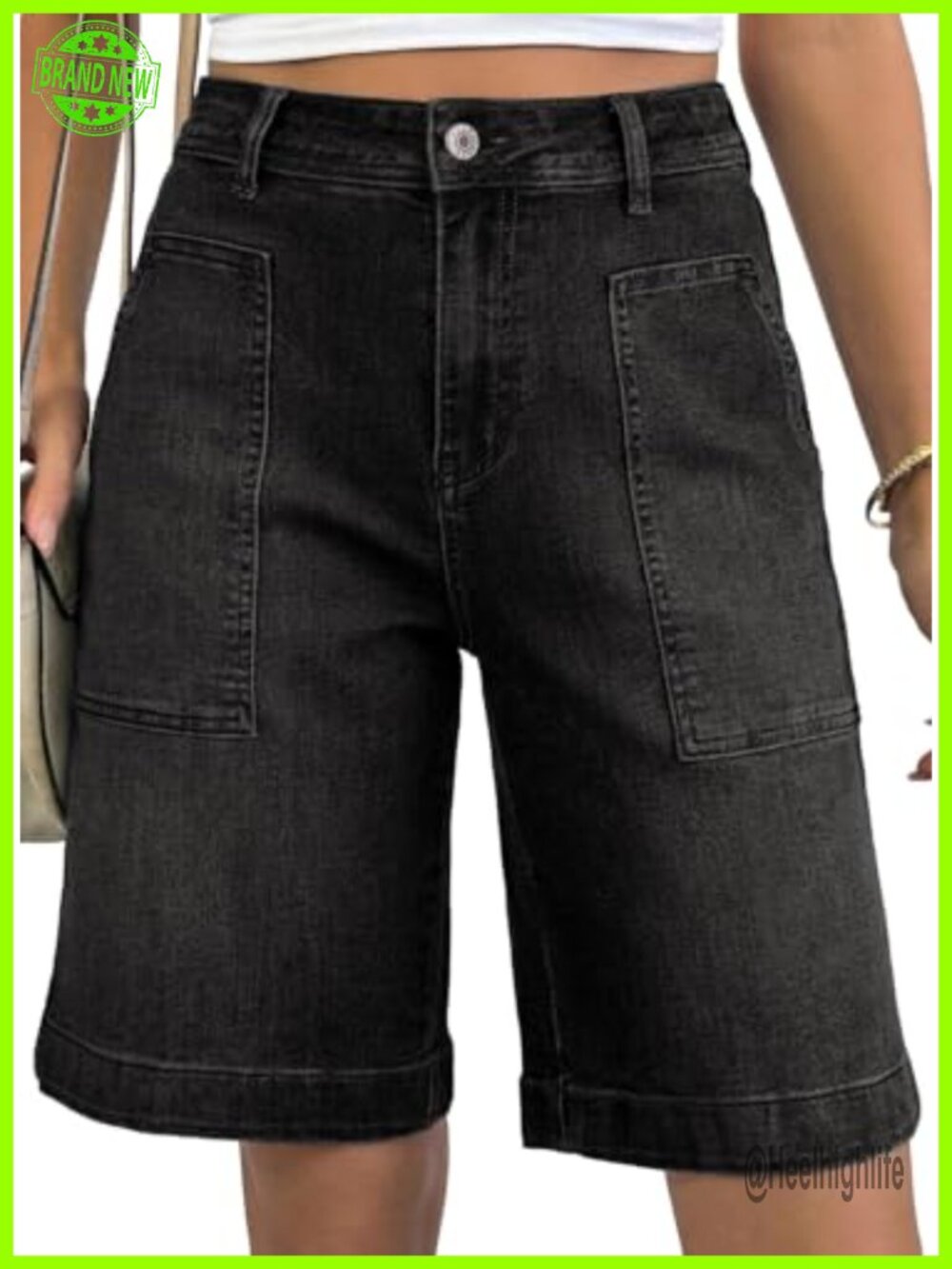 High Waisted Wide Leg Denim Shorts Stretchy Utility Jorts Patch Pockets Bermuda